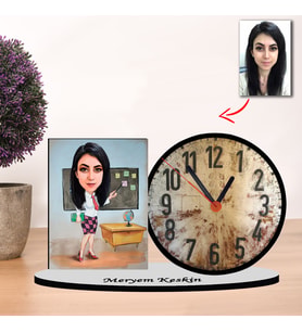 Kişiye özel Karikatür  ÖĞRETMEN Kadın tasarımlı Masaüstü Saat, Öğretmenler Günü Hediyesi, Öğretmene hediye  M4