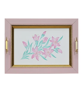 e38 EL İŞÇİLİĞİ PEMBE ÇİÇEK SULUBOYA TEPSİ 36x48  cm - 6223