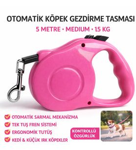 Otomatik Köpek Gezdirme Tasması 5 Metre Medium 15 kg Pembe Kilitli Makaralı Şerit