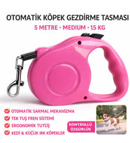 Otomatik Köpek Gezdirme Tasması 5 Metre Medium 15 kg Pembe Kilitli Makaralı Şerit