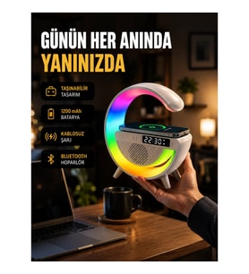 Mey İthalat® Kablosuz Şarjlı LED Masa Lambası Çalar Saat ve Beyaz Gürültü Özellikli