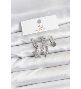Pirinç Gümüş Renk Zirkon Taşlı Yıldız Vintage Model YSX Trio Küpe Seti TJ-BKP11563