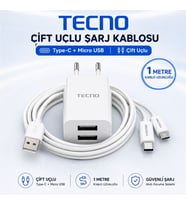 Tecno Çift UsbA Çıkışlı Şarj Aleti Type-C ve Micro Data Kablolu TCW-E01D Beyaz