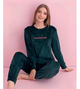 Pijamerry Kadın Kışlık Bisiklet Yaka Kadife Pijama Takımı 3026Y - 1 Adet (Yeşil)