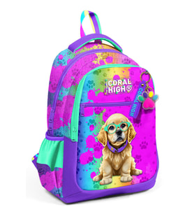 Coral High Kids Mor Pembe Köpek Desenli Üç Bölmeli Okul Sırt Çantası 23649