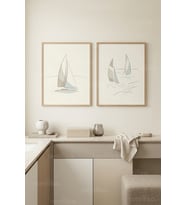 Minimalist Yelkenliler 2’li Ahşap Çerçeveli Tablo Seti