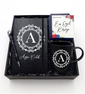 Kişiye Özel Siyah Defter & Siyah Kupa & Siyah Kalem Hediye Seti