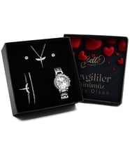 Sevgililer Gününe Özel Tasarım Kutu & Melek Kolye & Zirkon Taşlı Bileklik & Zirkon Taşlı Melek Bileklik & Metal Kordon Kadın Saati Seti