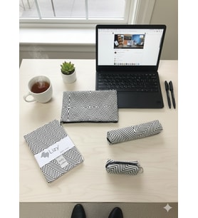 Adalinhome Lizy Modern Geometrik Desen Günlük&Ofis Seti (Defter-Akseuar Çantası-Kalemlik-Para Çantası) (Siyah)