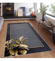 Gri Zemin Gold Şerit Desenli Yıkanabilir Kaymaz Taban Leke Tutmaz Modern Salon Halısı ve Yolluk