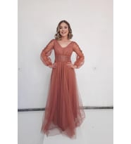 Tuana Abiye Uzun Kolsuz Tül Kumaş Abiye 17050 Taba