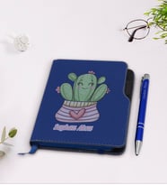 BK Gift Kişiye Özel Kaktüs Tasarımlı Lacivert Termo Deri Defter Kalem Seti-2