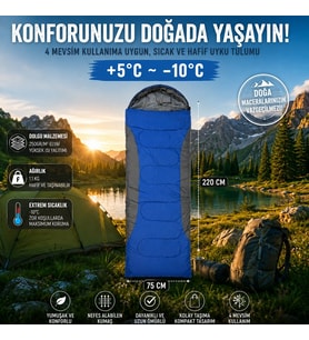 4 Mevsim Uyku Tulumu +5°C -10°C Kamp Uyku Tulumu Nefes Alabilen Kumaş MAVİ