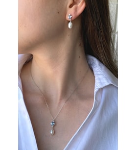 Mavi Renk Taşlı Doğal İnci Sallantı Küpe Kolye İkili Set