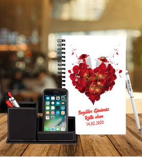 Sevgililer Gününe Özel Ahşap Defter Kalem & Deri Kaplama Kalemlik Hediye Seti 32