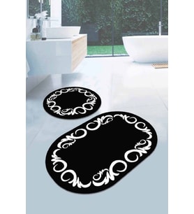 Siyah Çerçeveli Desen Oval Banyo Klozet Paspas Seti BS074