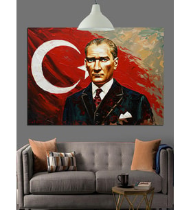 Türk Bayrağı Önünde Atatürk Dekoratif Kanvas - Mdf Ahşap Tablo