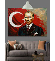 Türk Bayrağı Önünde Atatürk Dekoratif Kanvas - Mdf Ahşap Tablo
