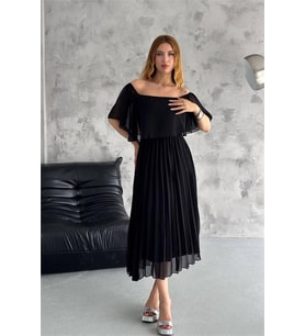 Neşeli butik kadın madonna yaka piliseli şifon elbise NBK2099 (Siyah)