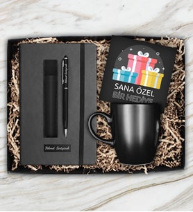Kişiye Özel Defter & Kişiye Özel Deri Kılıf Touch Pen Kalem & Siyah Kupa Hediye Seti