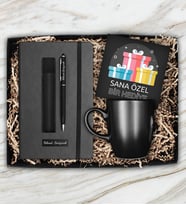 Kişiye Özel Defter & Kişiye Özel Deri Kılıf Touch Pen Kalem & Siyah Kupa Hediye Seti