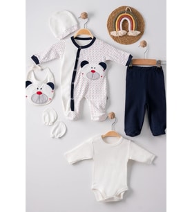 Mulvxbby Bby02 Puanlı Ayıcık Nakışlı Tulumlu % 100 Pamuk Erkek Bebek 5'Li Set (Mulvix)
