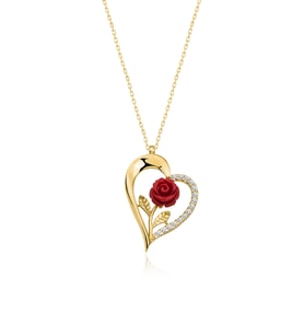 925 Ayar Gümüş Gold Kırmızı Gül Kalp Kolye