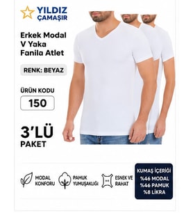 Yıldız Çamaşır Erkek V Yaka Kısa Kol Modal Likralı Fanila Atlet (150-151-152-153 ) - 3 Adet