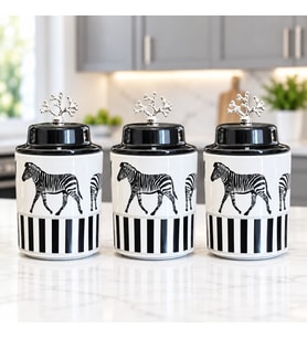Baharatlık Silindir Seramik Kapaklı Büyük Boy Kapaklı 3 lü Kahve Köşesi Seti Zebra At 750 ml Hacimli GÜMÜŞ