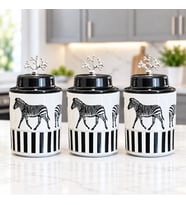 Baharatlık Silindir Seramik Kapaklı Büyük Boy Kapaklı 3 lü Kahve Köşesi Seti Zebra At 750 ml Hacimli GÜMÜŞ