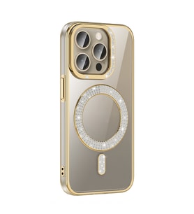 Apple iPhone 15 Pro Uyumlu Kılıf Pırlanta Taş Tasarımlı M-safe Şarj Özellikli Zore Karetta Silikon Kapak (Gold)