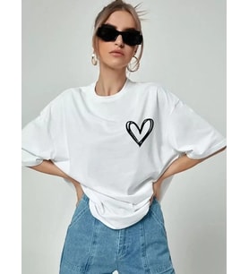 Bisiklet Yaka Baskılı Oversize T-Shirt - Beyaz