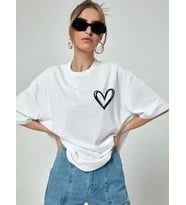Bisiklet Yaka Baskılı Oversize T-Shirt - Beyaz