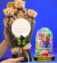 Kişiye Özel Renkli Led Işıklı Biblolu Fanus ve Aynalı Kahverengi Peluş Ayıcık Buketi (Model 2)