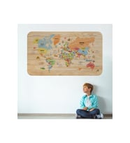 Ahşap Görünümlü Türkçe Eğitici Detaylı Atlası Dekoratif Dünya Haritası Duvar Sticker-3868-85x130
