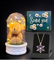 Led Işıklı Tasarım Fanus ve Gerçek Ametist Taşlı Lotus Kolye  Premium Hediye Seti (Model 4)