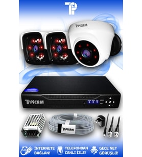 PICAM 3 Kameralı Panda 1 İç Kamera Set HDD'siz Full HD Gece Görüşlü Güvenlik Kamerası Sistemi