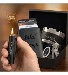 İsme Özel Hemen Kargo Clipper Çakmak Otomatik Kartlık Küllük Anahtarlık Hediye Seti - Babaya Sevgiliye Eşe Arkadaşa Lüks Hediye Seti
