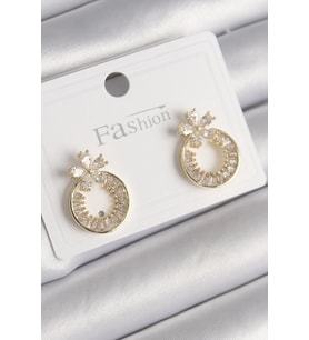 Pirinç Gold Renk Zirkon Taşlı Halka Model Çiçek Figür Kadın Küpe 5886 - SSSSSS1775-4781