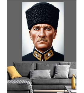 Atatürk Kalpaklı Siyah Beyaz Dekoratif Kanvas - Mdf Ahşap Tablo