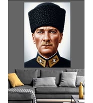 Atatürk Kalpaklı Siyah Beyaz Dekoratif Kanvas - Mdf Ahşap Tablo