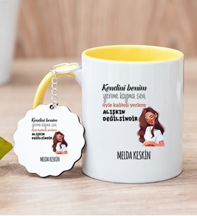 Kişiye Özel Alışıkın Değilsindir Tasarım Esprili Sarı Kupa Bardak ve Anahtarlık