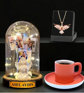Sizlere Özel Led Işıklı Fanus, Türk Kahvesi Fincanı ve Anka Kuşu Kolye (Model 2)