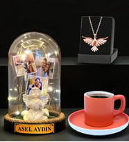 Sizlere Özel Led Işıklı Fanus, Türk Kahvesi Fincanı ve Anka Kuşu Kolye (Model 2)