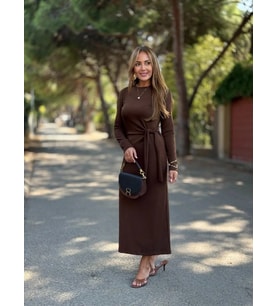 Kadın Uzun Kollu Bisiklet Yaka Yandan Bağlamalı Uzun Modal Elbise (KAHVE)