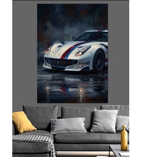 Islak Asfaltta Beyaz Spor Araba Dekoratif Kanvas - Mdf Ahşap Tablo