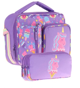 Kaukko Kids Kız Çocuk Lila Pembe Unicorn Desenli Üç Bölmeli Thermo Beslenme Çantası ve Kalemlik Seti (L7224+L8224)