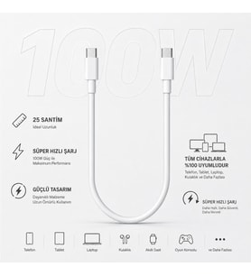 SCHitec 100W Type-C to Type-C 25cm Süper Hızlı Data ve Şarj Kablosu Beyaz