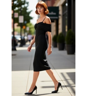 Kadın Feminine Bodycon Midi Elbise Carmen Yaka Askılı Düz Örme Sandy Kumaş Zarif Kokteyl Stili