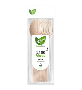 Roll-Up Doğaya Dönüş Ekolojik Doğal %100 Ahşap Kaşık - Kalınlık : 1.8 mm - 16 Cm. - 8'li Paket